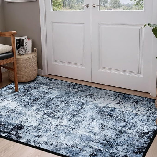 Rugflix 3x5 Entrance Rugs, Entry Rug Washable Non-Slip Stain-Resistant Low Pile Small Modern Dark Carpet, for Living Room Bedroom Indoor, Navy Blue/Black