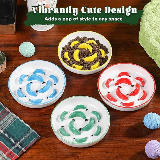 Ceramic Cat Slow Feeder Bowl - Vibrant Cat Feeding Bowl - Cute Maze Food Dish for Slow Eating - Dishwasher Safe - 6.3''W x 1.2''H - 7 OZ - Red