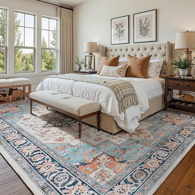 Lessymo 5x7 Area Rugs for Living Room, Washable Rug for Bedroom Kitchen Dining Room, Soft Vintage Carpet Non Slip, Large Boho Rug Low Pile for Entryway Dorm Nursery Kids Room Bedside, Orange/Blue