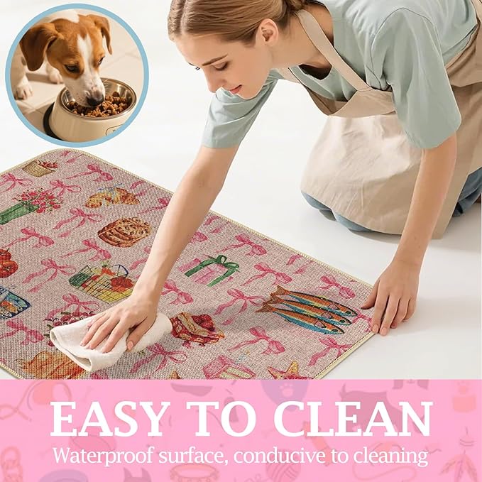 SHIYUE Dog Food Mats for Floors, Absorbent Cat Bowl for Food and Water, Non-Slip Accessories Pet Supplies(17"x30",Pink Bow Food)