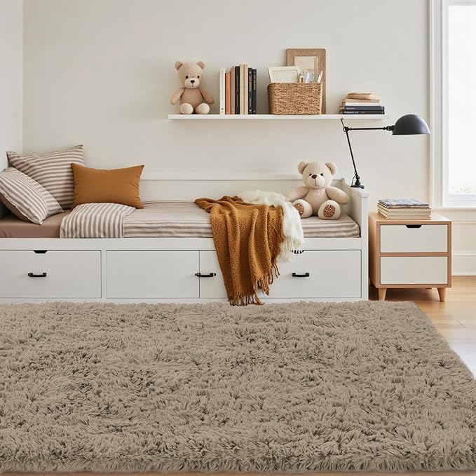4x6 Area Rug for Living Room: Ultra Soft Fluffy Rug Modern Large Thicked Shag Rug for Bedroom Non Slip Indoor Fuzzy Carpets for Girls Kids Room Nursery Dorm Home Decor Gray Camel