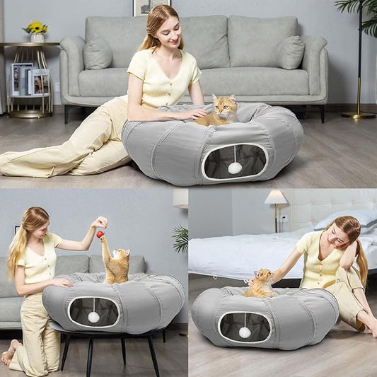 AUOON Cat Tunnel Bed for Indoor Cats - Large Cat Donut Tunnel with Hanging Ball Toy, Collapsible 2-in-1 Multifunctional Interactive Cat Toy for Kitten, Puppy, Rabbit, Ferret (Light Grey)