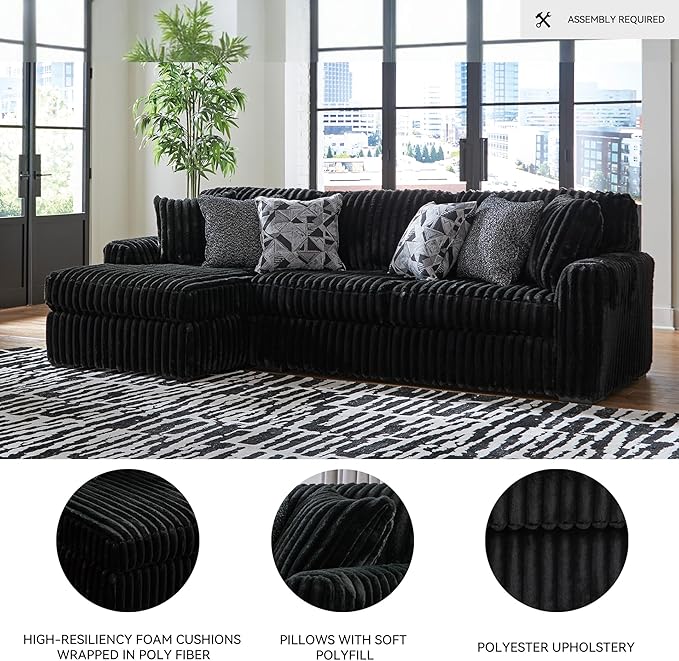 Signature Design by Ashley Midnight-Madness 2-Piece Sectional Sofa with Chaise, Faux Wood Finish Accent Legs, Fabric Upholstery, 120" W x 65" D x 40" H, Black