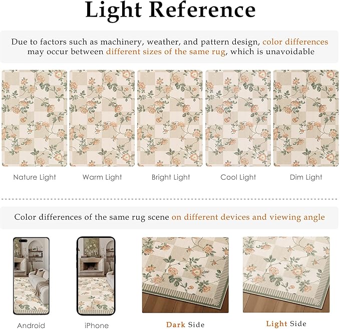 HUGEAR 2x8 Runner Checkered Rugs for Hallways Machine Washable Beige Long Carpet Floral Print Non-Slip Stain Resistant Low Pile Indoor Throw for Entrance Kitchen Bedroom Dining Laundry