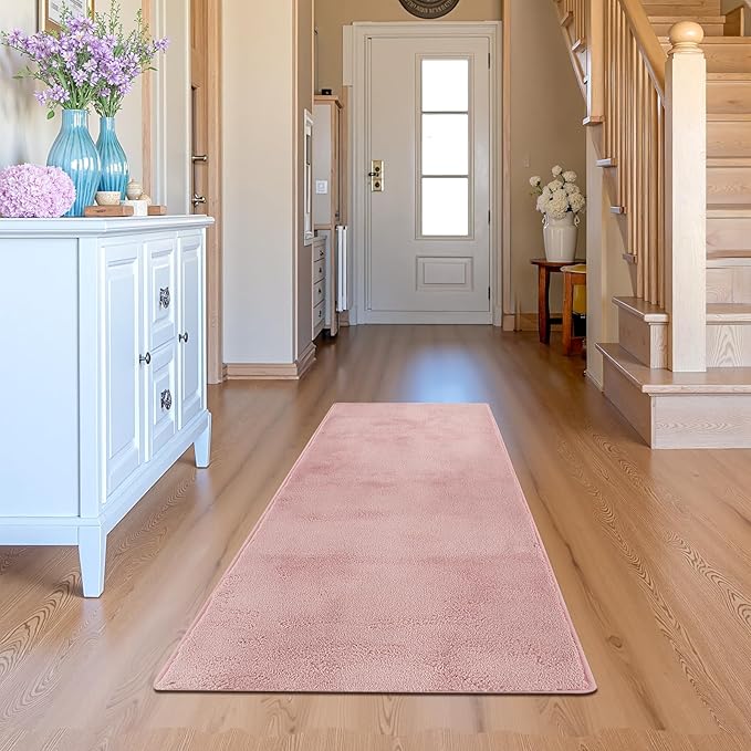 jinchan Solid Plush Runner Rug 2x5 Performance Shaggy Washable Hallway Rug Soft Modern Faux Wool Cozy Non Slip Carpet for Bedroom Laundry Room Living Room Kids Nursery Pink