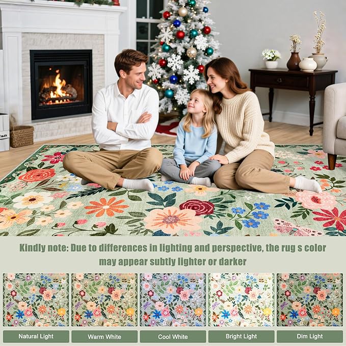 Area Rug Living Room Rugs: Floral 5x7 Washable Rug Vintage Soft Boho Non-Slip Carpet Indoor Stain Resistant Large Carpets for Bedroom Dining Room Farmhouse Nursery Hallway Home Office Green