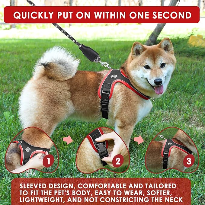 Dog Harness and Leash Set, No Pull Saddle Style Pet Harness, Breathable Mesh Adjustable Reflective Dog Vest for Dogs and Cat Medium Small Harness 2 D-Rings (Black, M)