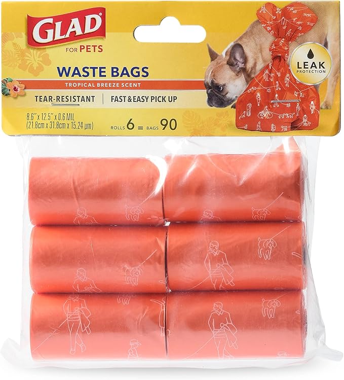 Glad for Pets Heavy Duty Dog Poop Bags, Leak Resistant Dog Waste Bags with Fun Print for Easy Cleanup on Walks, Strong Tear Resistant Pet Waste Bags, Tropical Breeze Scent, 6 Rolls, 90 Count
