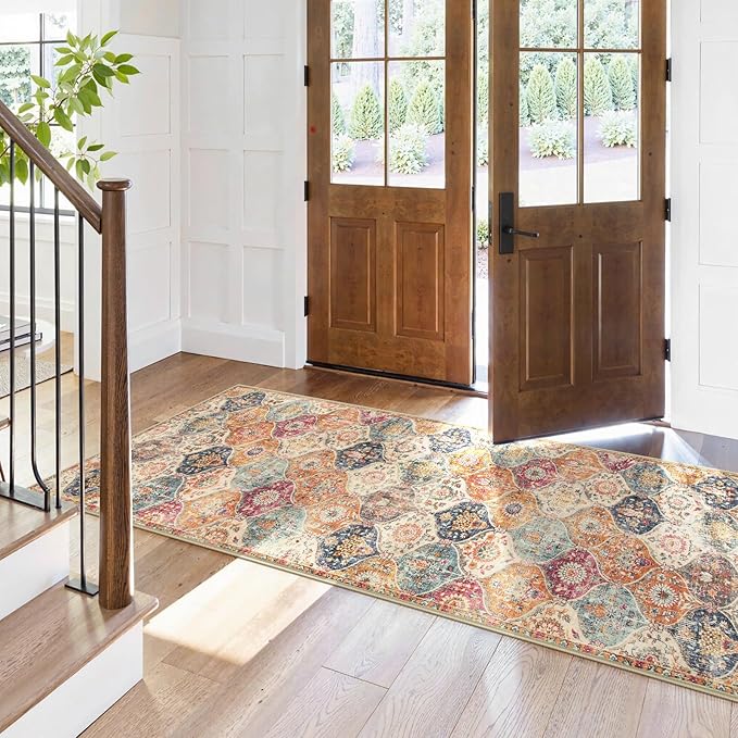 Lahome Moroccan Trellis Hallway Rug, 2x5 Washable Runner Rug Non Slip Kitchen Runners for Hallways, Ultra-Thin Vintage Carpet for Bedroom Bathroom Entryway, Cream/Multi