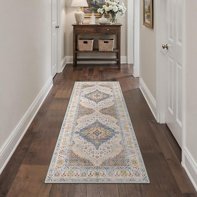 GENIMO Runner Rug 2x5 Non Slip Machine Washable Hallway Runner Rug, Low Pile Lightweight Rugs for Entryway, Hallway, Kitchen and Corridor, Vintage Cream/Blue