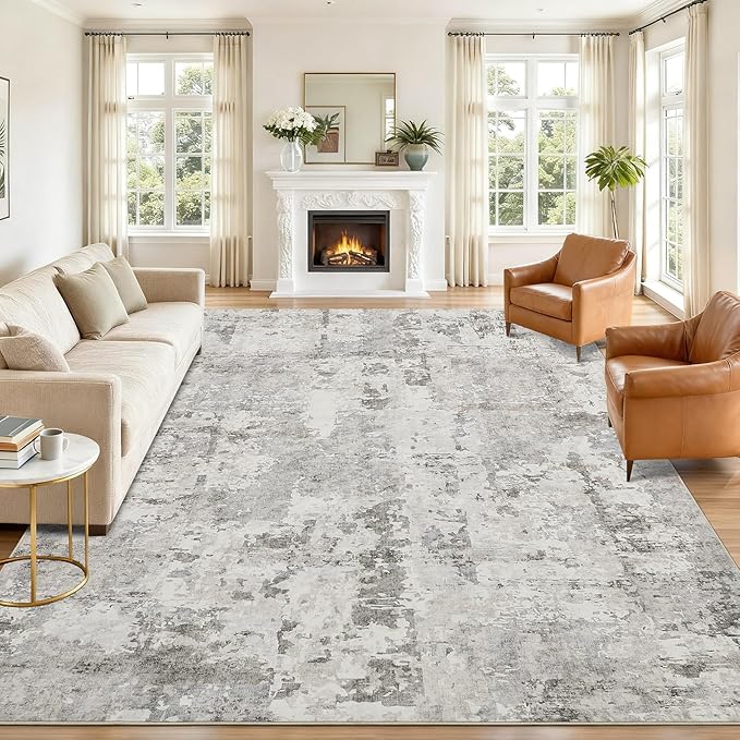 GarveeHome 5x7 Abstract Area Rug for Living Room Bedroom, Modern Neutral Washable Rugs Soft Low Pile Non Slip Accent Floor Mat Grey Beige Throw Rug Indoor Carpet Dining Room Playroom