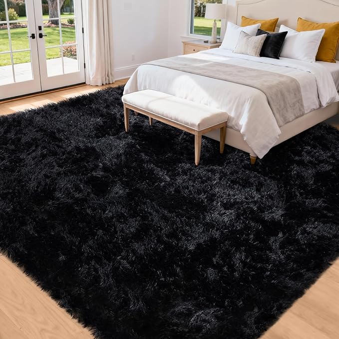 8x10 Area Rug for Living Room: Ultra Soft Fluffy Rug Modern Large Thicked Shag Rug for Bedroom Non Slip Indoor Fuzzy Carpets for Girls Kids Room Nursery Dorm Home Decor Black