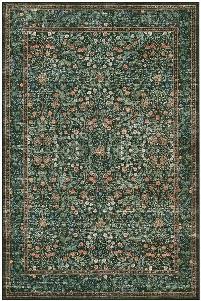 4x6 Area Rugs for Living Room Bedroom, Large Washable Rug, Green Vintage Floral Boho Rug, Non Slip & Low Pile Wool Accent Carpet for Indoor Dining Room, Kids Room and Office(Green 4x6ft)