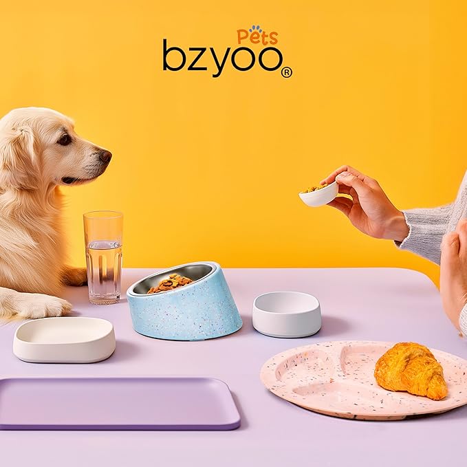 Bzyoo 2 Cup Tilted Dog Bowl for Small Dogs & Cats, Stylish Sprinkle Design, Elevated, Stainless Steel 16oz Inner Bowl, Non-Skid, Reduce Spillage, BPA-Free, Dishwasher Safe Color:Blue
