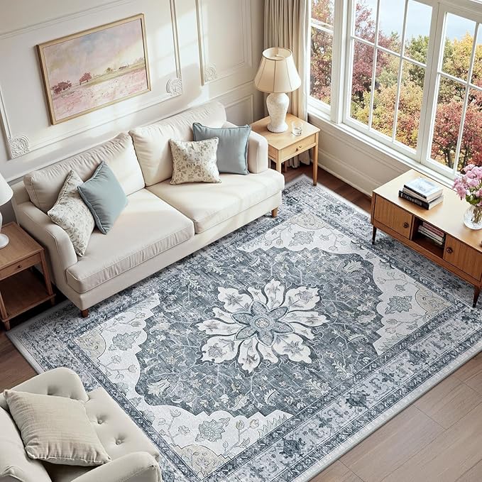 Area Rugs 6'x9' Washable Non-Slip, Floral Vintage Distress Print Pattern Medallion Carpet for Living Room Bedroom Dining Room, Light Gray Grey White