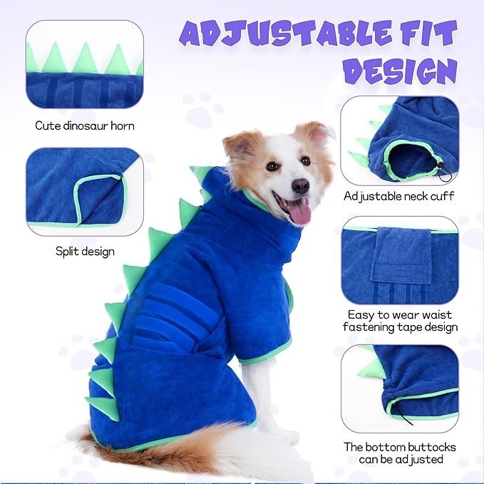 Super Absorbent Dog Bathrobe, Microfiber Bath Robe Towel for Fast Drying, Cozy Fit, Adjustable Belly Strap, Unique Dinosaur Design Dog Drying Coat for Bath, Rainy Walks & Cold Weather