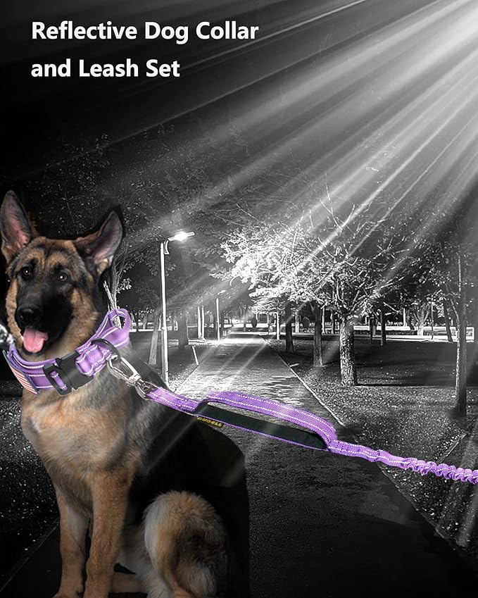 AUBELL Tactical Dog Collar and Leash Set, Reflective Adjustable Heavy Duty Military K9 Collars with Handle and Metal Buckle for Large Dogs, with Airtag Case and 2 Patches(Purple,L)