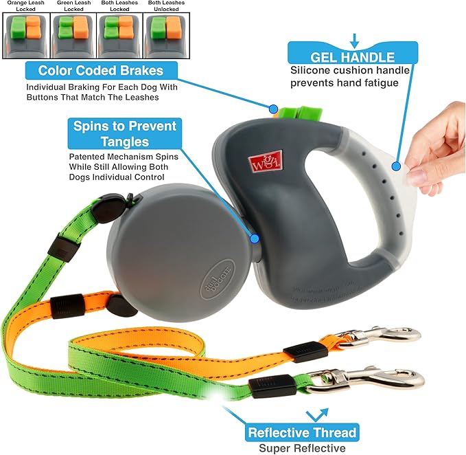 Wigzi - 2025 Edition - 2 Dog Retractable Leash ??Featuring Our Incredible Silicone Gel Handle - No Tangle Engineering. Each Dog 50 lb up to 10 ft Distance. Lock and Unlock Easily. Reflective Webbing.