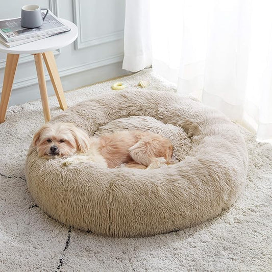 Calming Dog Bed & Cat Bed, Anti-Anxiety Donut Dog Cuddler Bed, Warming Cozy Soft Dog Round Bed, Fluffy Faux Fur Plush Dog Cat Cushion Bed for Small Medium Dogs and Cats (20"/24"/27"/30")