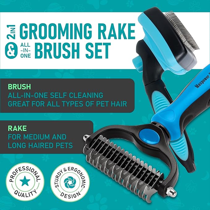 Maxpower Planet Dog Rake and Dog Hair Brush - Gently Removes Loose Undercoat, Mats and Tangled - Deshedding Grooming Tool for Dogs & Cats - Self Cleaning Slicker Brush - All Hair Types