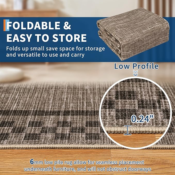 4ft Washable Round Rug for Entryway Modern Checkered Bedroom Circle Rug Non Slip Soft Dining Room Round Throw Carpet Small Stain Resistant Border Round Rugs for Living Room Kitchen Bathroom, Brown