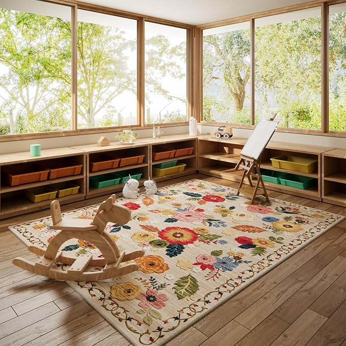 9x12 Area Rug Washable Rugs: Large Living Room Rug Stain Resistant Non Slip Distressed Vintage Floral Rug Low Pile Faux Wool Soft Rugs for Bedroom Bedside Farmhouse Dining Room Kids Playroom Nursery