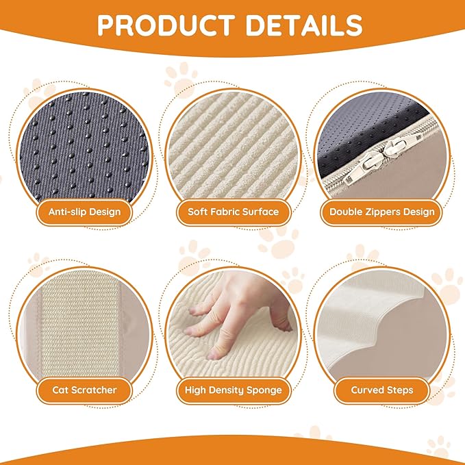 Pet Stairs, Dog Stairs for Small Dogs, Dogs Steps, 3-Step Curved Dog Ramp for Bed, Couch, Sofa, Car and Chairs, Non-Slip Bottom Design, Cat Scratching Board, High Density Foam Portable Pet Step, Beige
