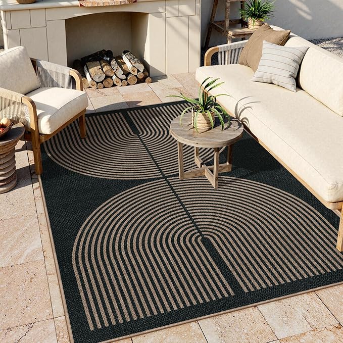Lahome Modern Rainbow Easy Jute Carpet, Washable 5x7 Area Rugs for Living Room Patio Black Farmhouse Indoor Outdoor Rugs, Contemporary Natural Non Slip Floor Carpet for Office RV Backyard