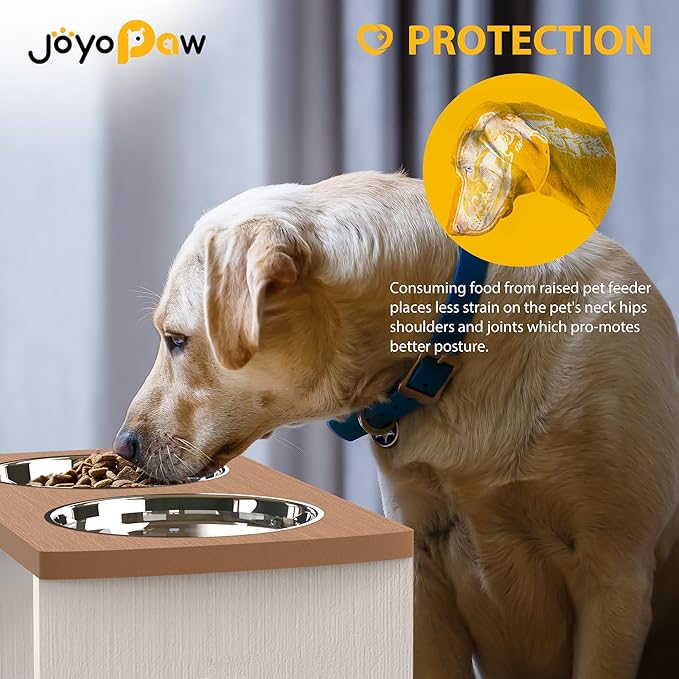 Elevated Dog Bowls, Waterproof Raised Dog Bowl for Medium & Large Dogs, HIPS Poly Lumber Stand with 2 Stainless Steel Bowls, Indoor & Outdoor Use (10'' Tall–48 oz Bowl, Teak-White)