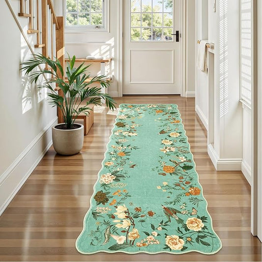 Rugflix 2x6 Runner Rug for Hallway, Washable Kitchen Runner Non Slip, Soft Low Pile Entryway Carpet, Vintage Floral Stain Resistant Long Laundry Room Rugs for Bedroom, Stairs