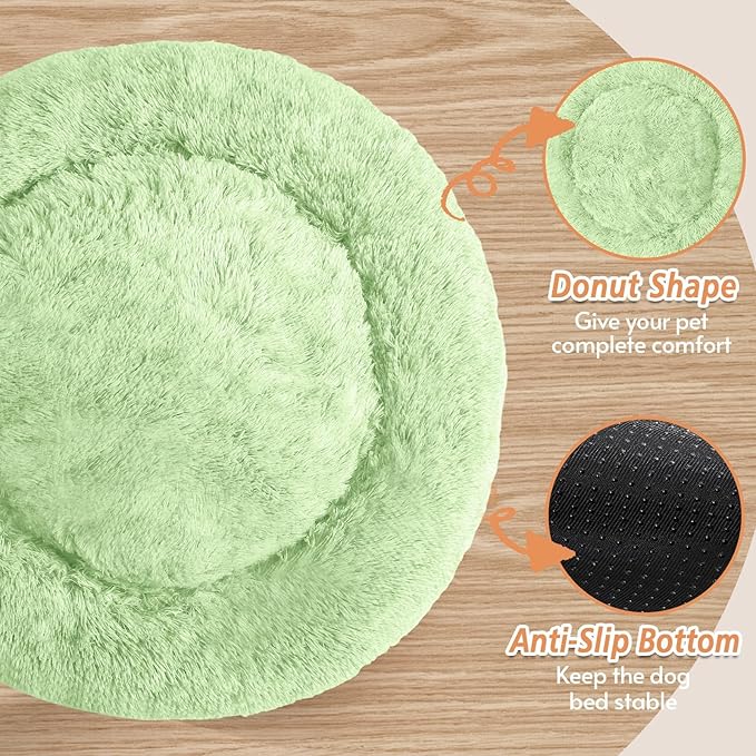 JOLLYVOGUE Calming Small Dog & Cat Bed for Indoor Cats - 20 inches Washable Donut Bed for Kittens & Puppies, Anti-Anxiety Round Fluffy Plush Pet Beds (Fits up to 15 lbs, Light Green)