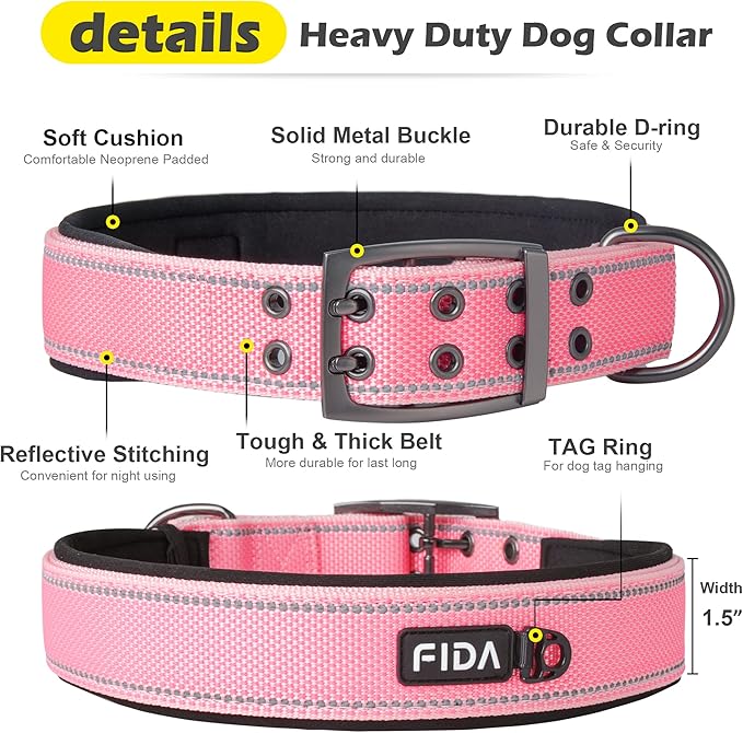 Fida Heavy Duty Dog Collar 1.5” Width, Ultra Soft Neoprene Padded, Adjustable Reflective Nylon Pet Collar with Two Metal Pin Belt Buckle for Large/X-Large Breeds (XL, Pink)