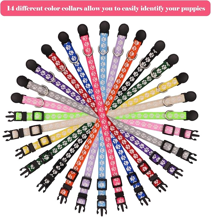 14 PCS Puppy Collars for Litter Puppy ID Collars Glow in The Dark Whelping Supplies Soft Nylon Breakaway Coloured Collars with 2 ID Tags(M)