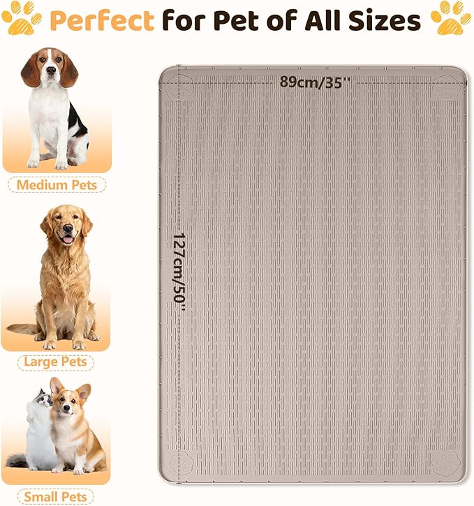 Silicone Dog Bed Mat, 50"x 35" Crate Mat for Dog Cages, Kennel Mat with Raised Edge, Washable, Waterproof, Leakproof, Protect Floors (Khaki)