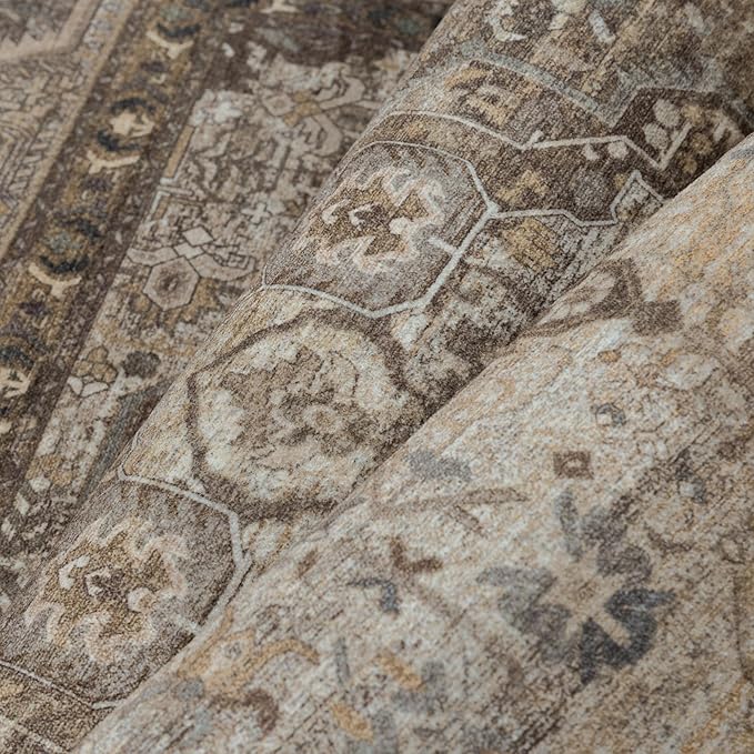 6x9 Brown Washable Vintage Area Rug for Living Room Bedroom Non Slip Distressed Traditional Soft Large Throw Rug Low Pile Lightweight Floral Carpet Office Playroom Dining Room