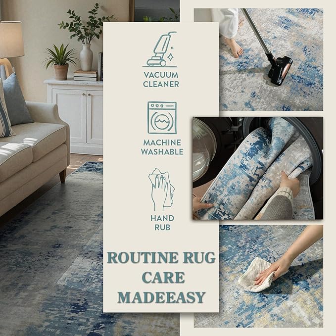 Lahome Modern Abstract 6x9 Area Rugs for Living Room, Washable Accent Bedroom Rug Low Pile Stain Resistant, Blue Soft Indoor Contemporary Carpet for Dining Room Table Apartment