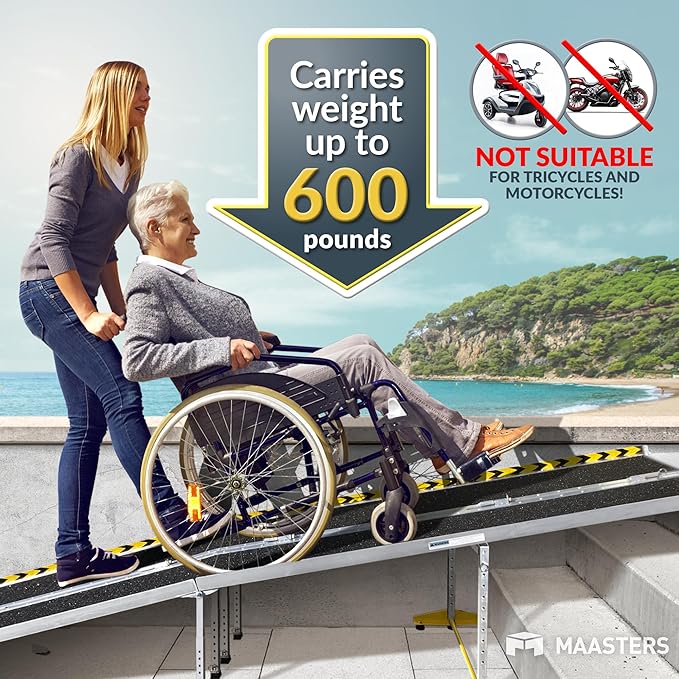 Wheelchair Ramp 12 Feet - Aluminum Long Portable Ramp - Loading Capacity 600 lbs - Portable 12 Foot Wheelchair Ramp with 2 Extra Support Leg