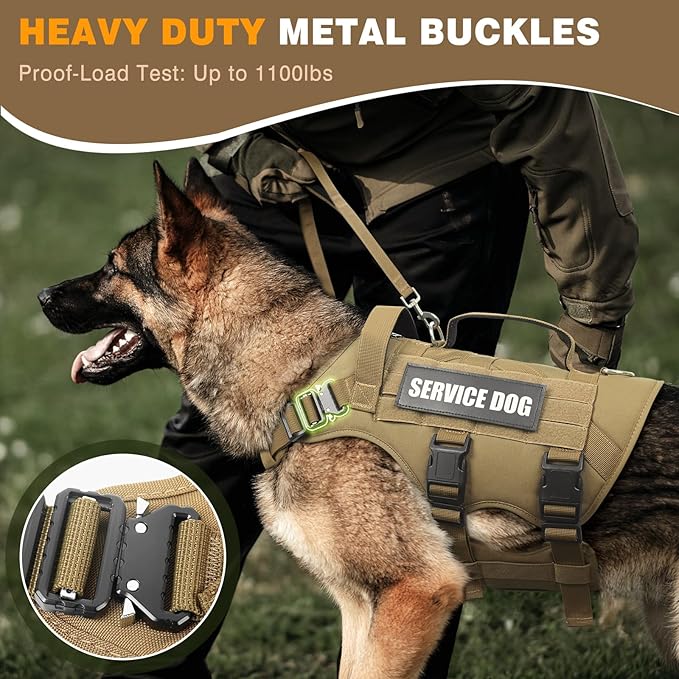 WINSEE Service Dog Vest Harness for Large Dog, Tactical Working MOLLE Vest with 10 Pet Patches, No Pull Heavy Duty Harness for Training Walking