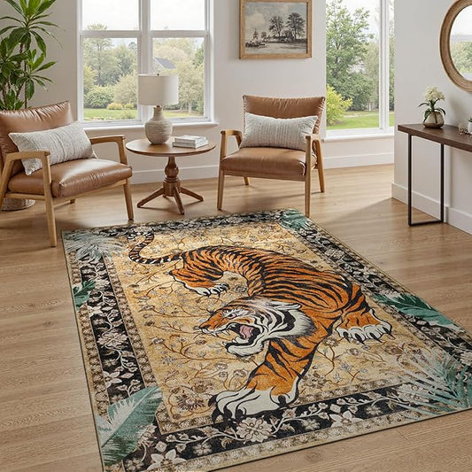 DCX Washable 4x6 Tiger Rug, Brown Vintage Animal Rug for Living Room, Soft Low Pile Carpet, Kid & Pet Friendly with Rubber Back Non Slip, Stain Resistant Rug for Bedroom Dining Room Office