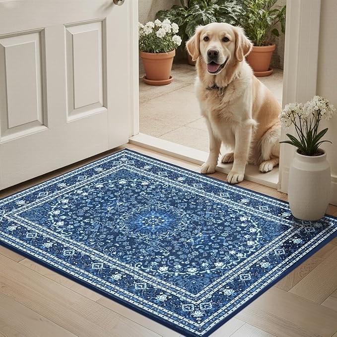 Lessymo 2 x 3 Entryway Rug - Machine Washable Area Rugs Boho Faux Wool Low Pile Area Rug for Bedroom, Floral Medallion Vintage Outdoor Rugs with Non-Slip Rubber,Blue White
