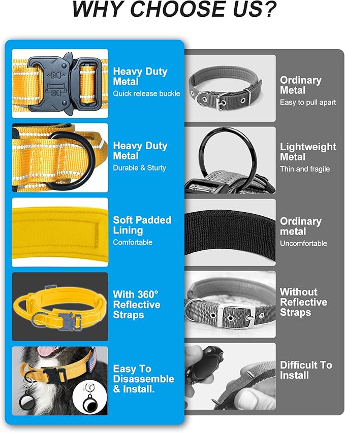 AUBELL Reflective Tactical Dog Collar,Adjustable Military Heavy Duty K9 Collars with Handle and Quick Release Metal Buckle Great for Extra Large Dogs, with Airtag Case and 2 Patches (Yellow,XL)