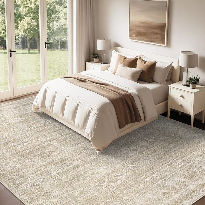Washable Rug 8x10 Area Rugs: Modern Geometric Rugs for Living Room Non Slip Soft Low Pile Moroccan Indoor Carpet for Bedroom Nursery Dining Room Home Office (Beige, 8'x10')