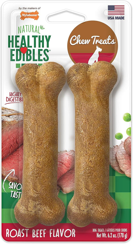 Nylabone Healthy Edibles Natural Dog Chews Long Lasting Roast Beef Flavor Treats for Dogs, Medium/Wolf (2 Count)