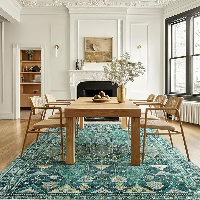 Bavni Washable Rug 6x9 Area Rug for Living Room Bedroom Dining, Washable Vintage Print Carpet, Ultra-Thin Chenille Low Pile Lightweight Rug with Non Slip Backing, Dark Green