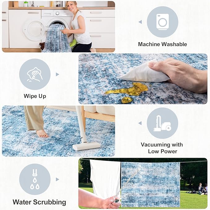 6x9 Area Rugs for Living Room - Washable Rug Modern Abstract Soft Large Neutral Non-Slip Carpet Indoor Floor Thin Carpets for Bedroom Dining Room Farmhouse Nursery Home Office Blue Grey