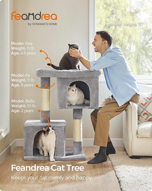 Feandrea Cat Tree, 40.6-Inch Cat Tower, Plush Condo for Extra Large Cats up to 44 lb, Large Perch, 2 Caves, Scratching Post, Light Gray UPCT614W01