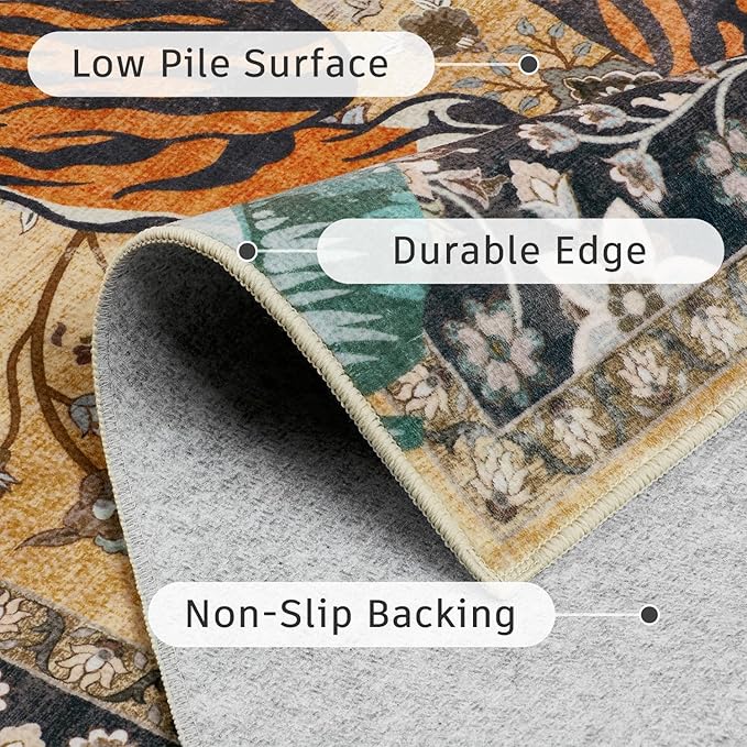 DCX Washable 4x6 Tiger Rug, Brown Vintage Animal Rug for Living Room, Soft Low Pile Carpet, Kid & Pet Friendly with Rubber Back Non Slip, Stain Resistant Rug for Bedroom Dining Room Office