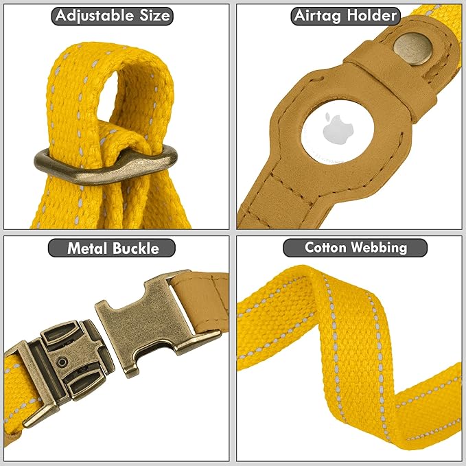 Reflective Leather Dog Collar with AirTag Holder - Soft Apple Airtag Dog Collar with Metal Buckle - Safety Cotton Pet Collars for Dogs Small Large Dogs Puppy (Yellow, M, 14"-18")