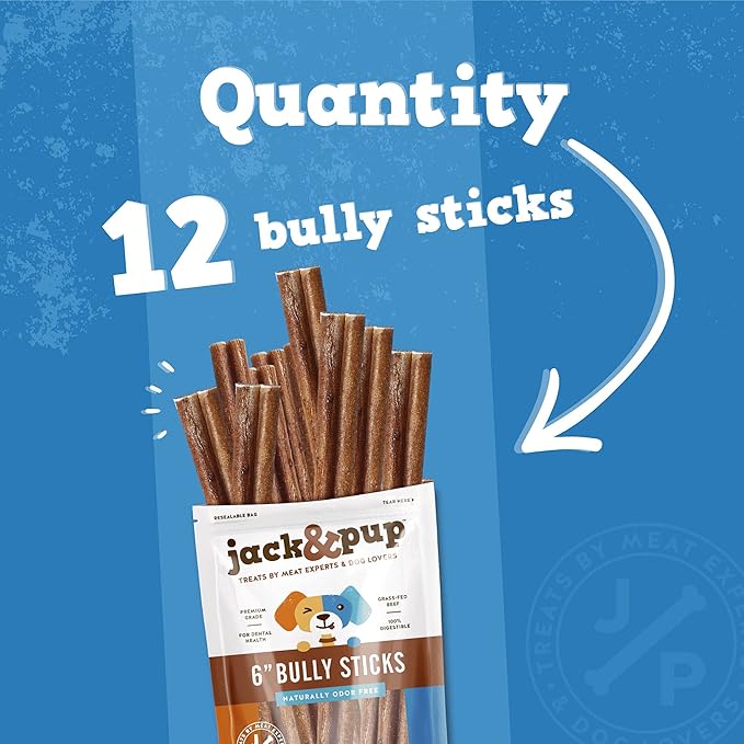 Jack&Pup 6 Inch Thick Bully Sticks for Dogs (12 Pack) Bully Stick Dog Chews, Single Ingredient 100% Beef Bully Sticks for Medium and Large Dogs