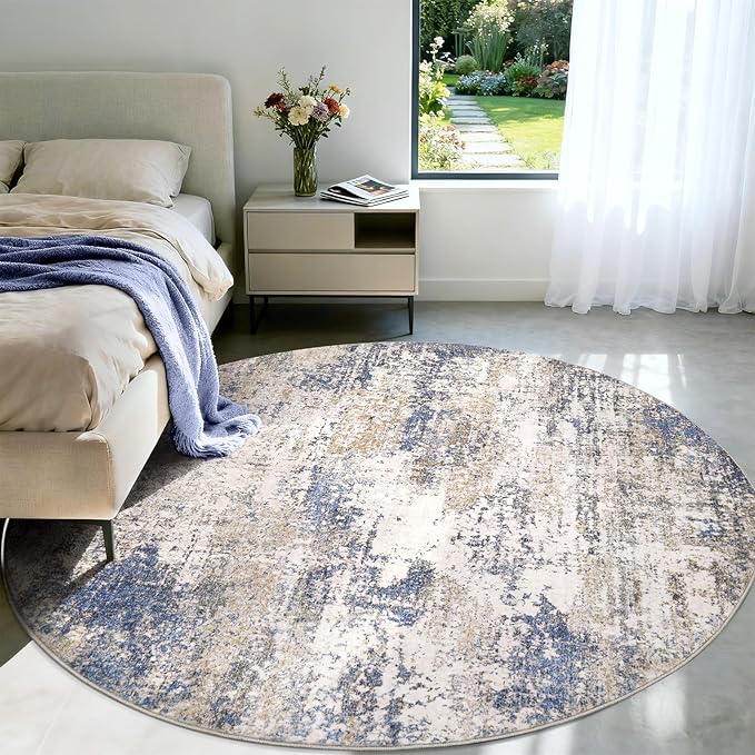 Area Rug Living Room Washable Rugs: 6x6 Modern Neutral Abstract Low Pile Non Slip Floor Carpet - Large Soft Thin Stain Resistant Rug for Bedroom Dining Indoor Office Home, Blue Brown